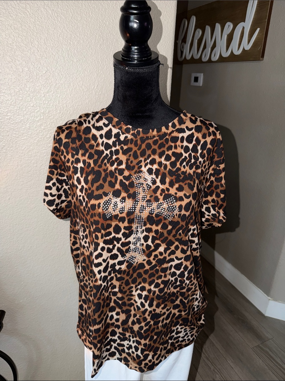 Leopard Print Short Sleeve Top with Rhinestone Cross